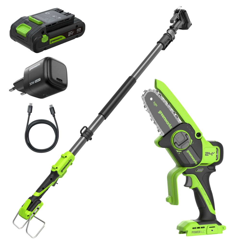 POWERALL 24V Mini Chainsaw 10cm Gen. II with Extension Pole - 2Ah Battery