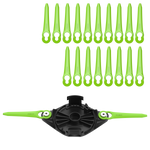 Set of green plastic components with a black and green device on a white background