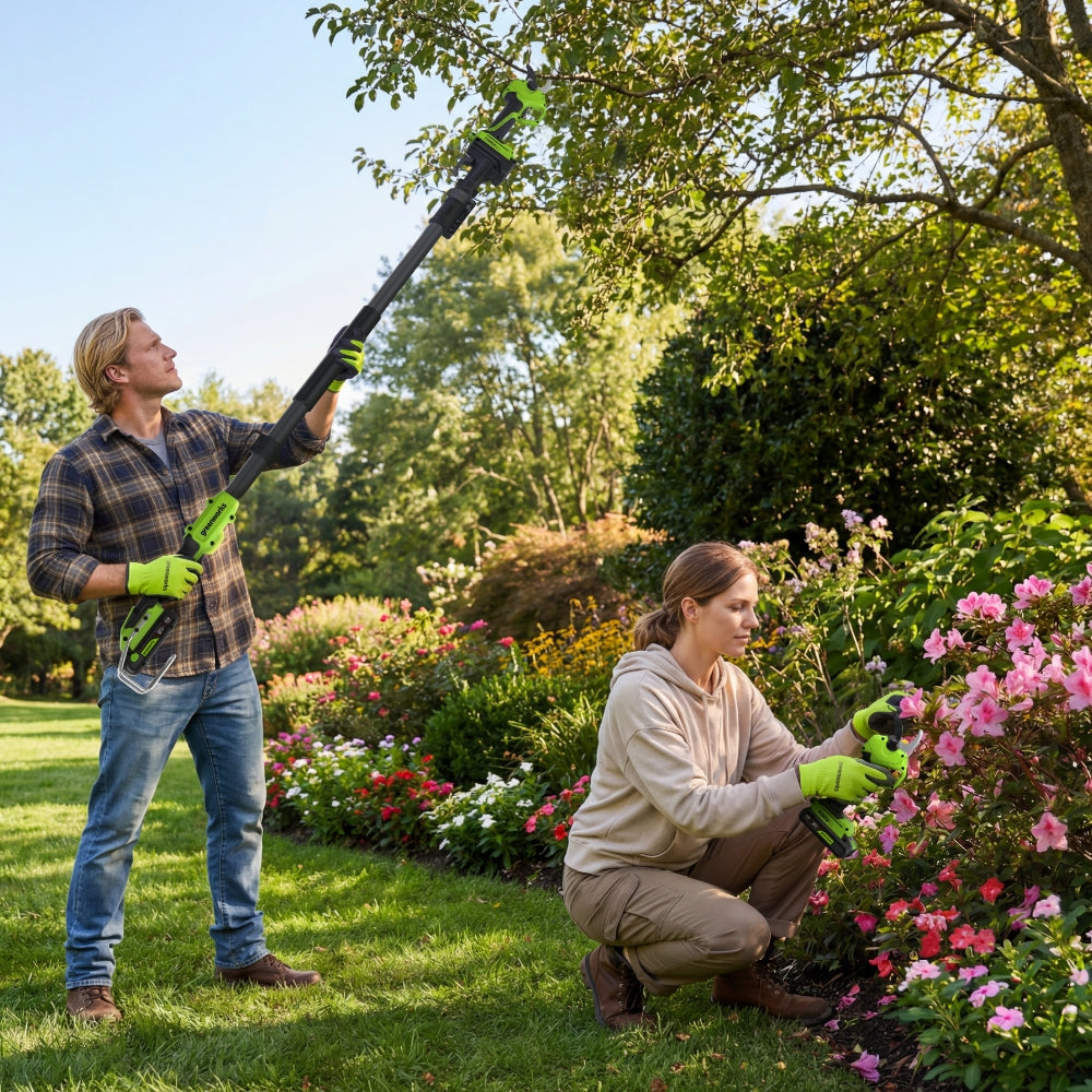 A man and a woman in a lush garden use cordless garden tools. The man stands on the grass holding a long-reach hedge trimmer, while the woman crouches beside pink flowers using a handheld edger.