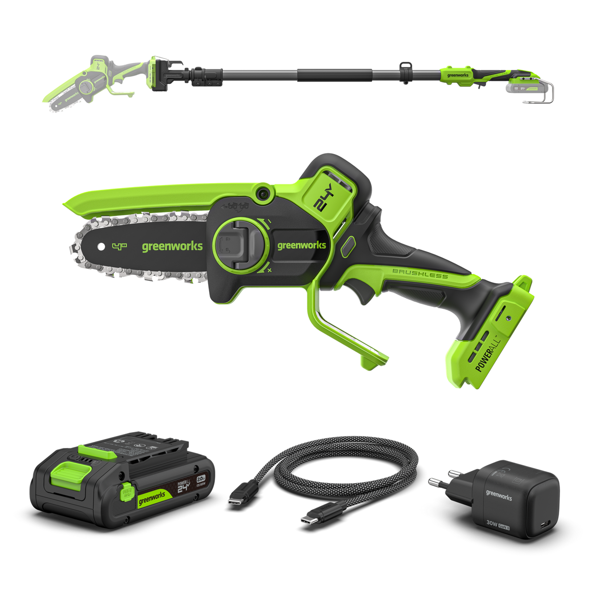 POWERALL 24V Mini Chainsaw 10cm Gen. II with Extension Pole - 2Ah Battery
