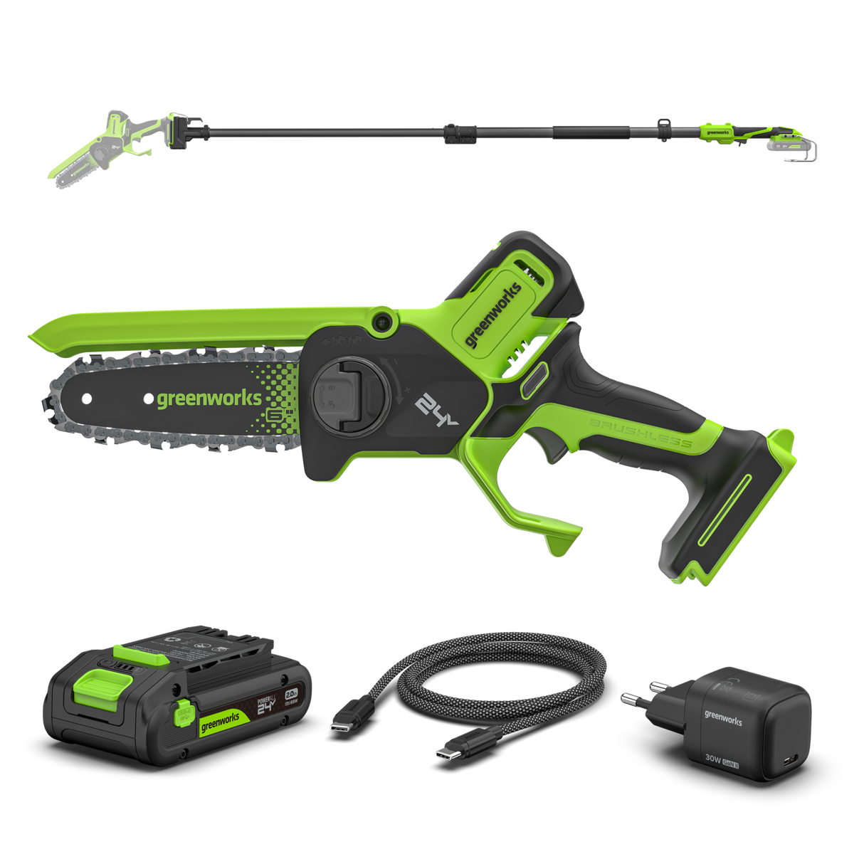 POWERALL 24V Mini Chainsaw 15cm Gen. II with Extension Pole - 2Ah Battery