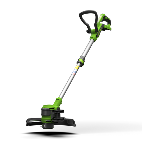 A green and black Greenworks 40V trimmer and edger with a 33cm cutting width.