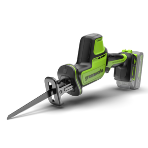 Greenworks cordless reciprocating saw on a white background