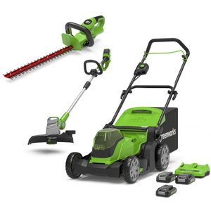 2x24V Lawn Mower 41cm + Grass Trimmer 30cm + Hedge Trimmer 56cm Set