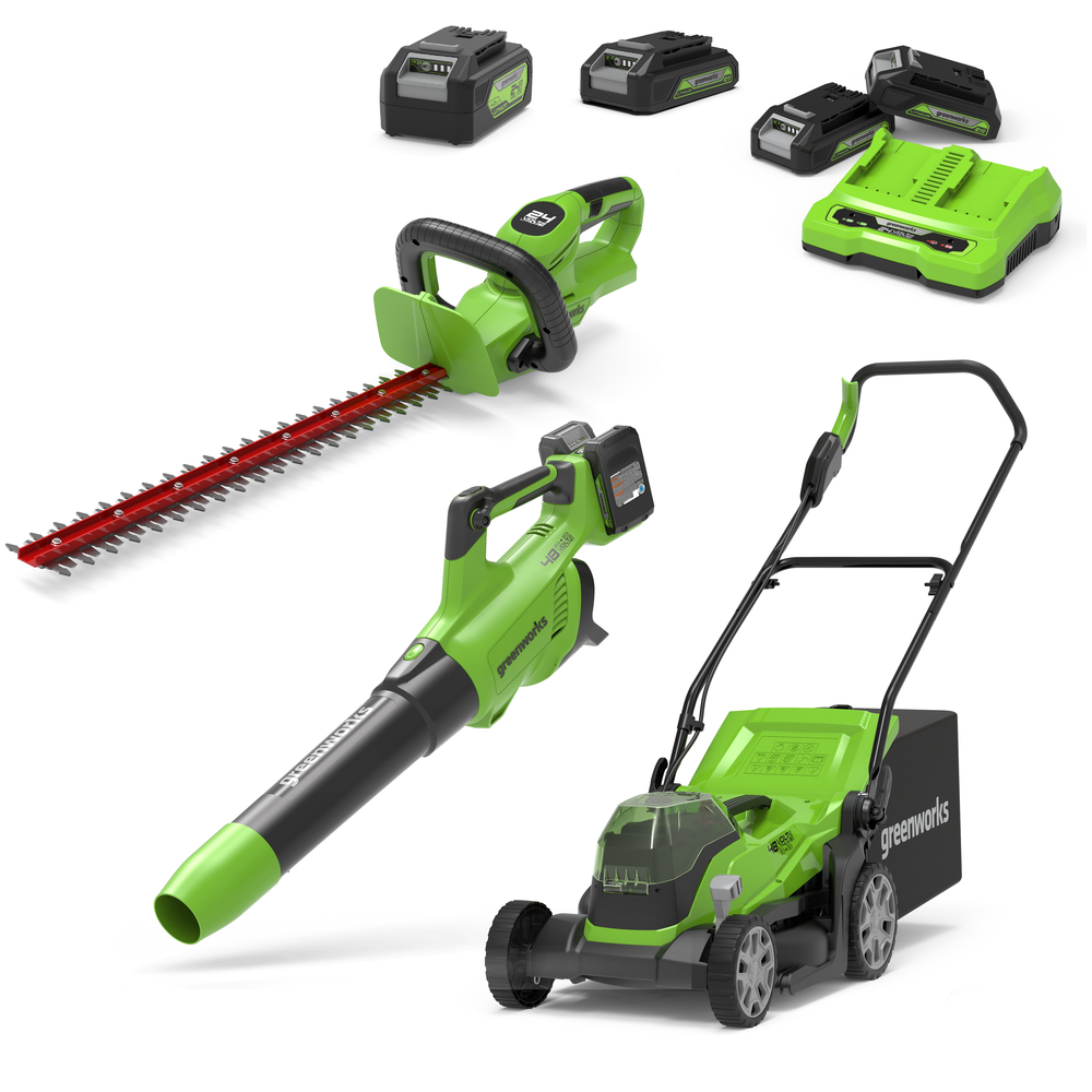 Cordless lawn mower and hedge trimmer set hotsell